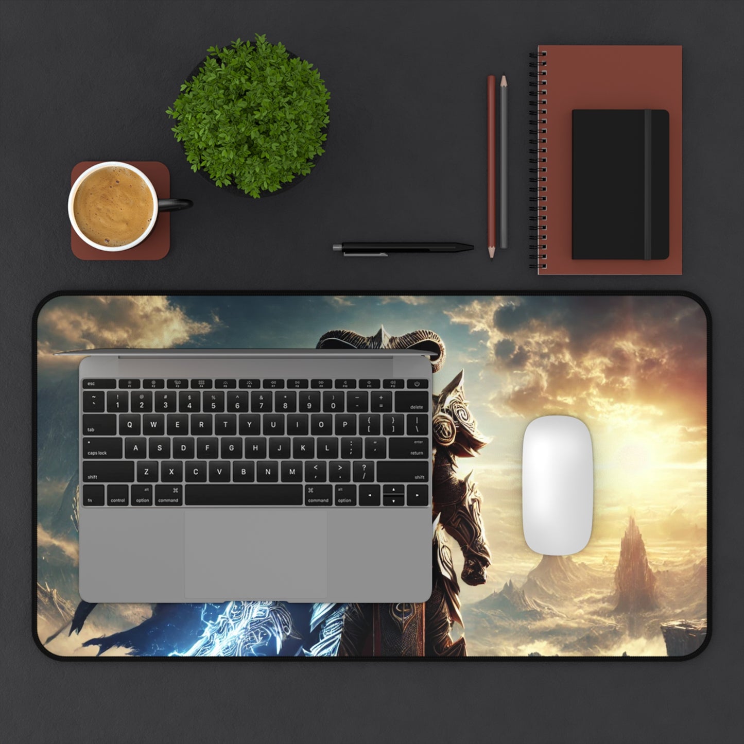 warrior on a mountain cliff desk mat