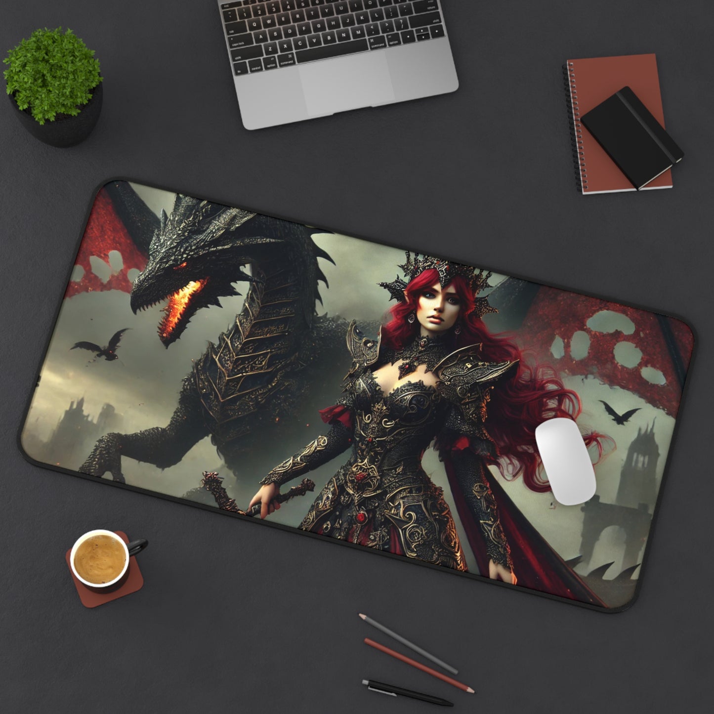 🐉 Fantasy Dragon & Warrior Desk Mat – Gaming Mouse Pad for Home & Office ⚔️