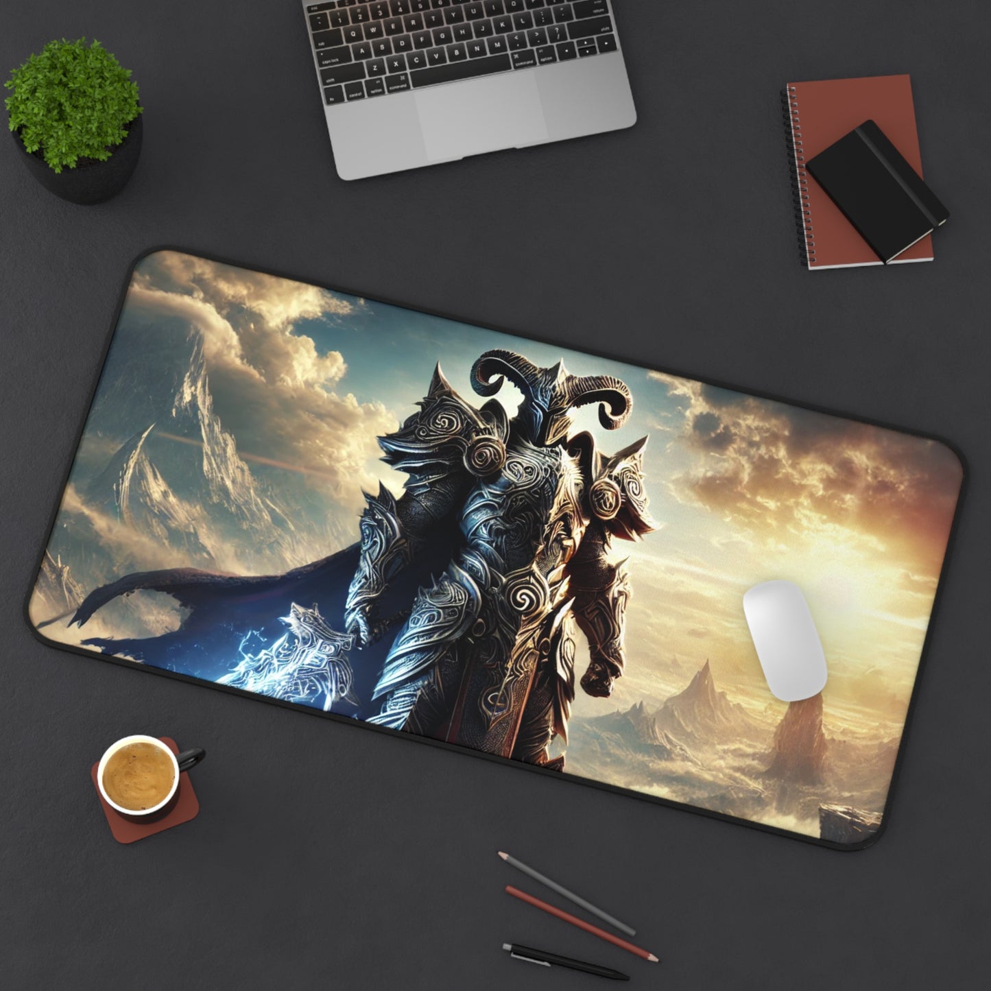 warrior on a mountain cliff desk mat